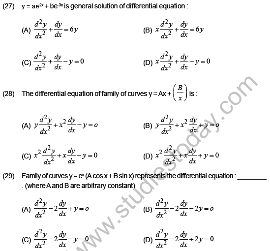 Jee Mathematics Differential Equations Mcqs Set B Multiple Choice